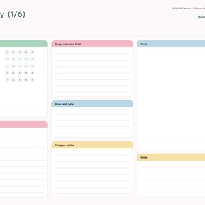 May include: A digital Skin Diary planner page featuring sections for hydration, oil, redness, texture, and glow ratings. Includes fields for sleep, water, food, stress, cycle, products used, notes, and a photo space. The layout is organized with pastel-colored headers.