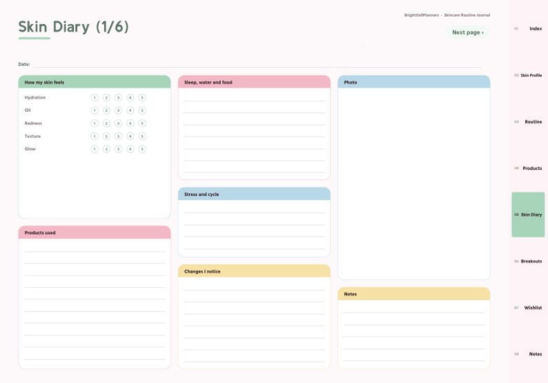 May include: A digital Skin Diary planner page featuring sections for hydration, oil, redness, texture, and glow ratings. Includes fields for sleep, water, food, stress, cycle, products used, notes, and a photo space. The layout is organized with pastel-colored headers.