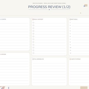 May include: A digital planner page titled PROGRESS REVIEW (1/2) with sections for Where I Started, Skills I Use Most, Next Goals, Where I Am Now, Still Working On, and A Note To Myself. The left side features a vertical navigation menu.
