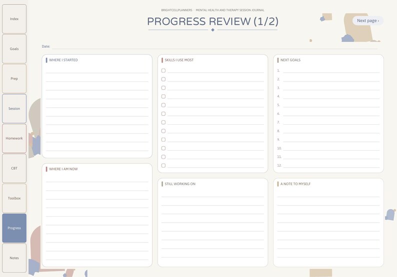 May include: A digital planner page titled PROGRESS REVIEW (1/2) with sections for Where I Started, Skills I Use Most, Next Goals, Where I Am Now, Still Working On, and A Note To Myself. The left side features a vertical navigation menu.