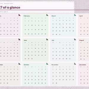 May include: A digital 2027 calendar planner page titled 2027 at a glance, featuring twelve monthly grids with light pastel backgrounds, a sidebar with navigation tabs, and a dark purple cross-hatched border frame design.