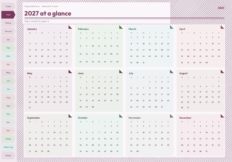 May include: A digital 2027 calendar planner page titled 2027 at a glance, featuring twelve monthly grids with light pastel backgrounds, a sidebar with navigation tabs, and a dark purple cross-hatched border frame design.