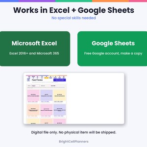 May include: A digital planning tool graphic featuring the text Works in Excel + Google Sheets, No special skills needed, Microsoft Excel 2016+ and Microsoft 365, Google Sheets Free Google account, make a copy, Feed Preview, and BrightCellPlanners.