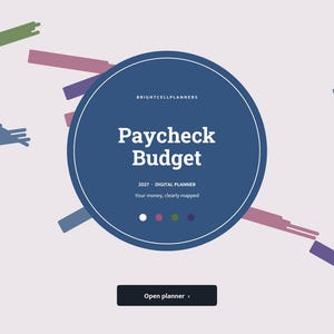 Op de afbeelding: Een digitale planner-interface getiteld Paycheck Budget 2027 van Brightcellplanners. De centrale blauwe cirkel bevat witte tekst, vier kleine gekleurde stippen en een zwarte knop met het label Open planner. Verspreide gekleurde balken omringen de cirkel.