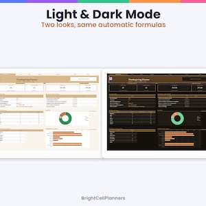 May include: A digital Thanksgiving planner interface displayed in two versions, light mode with a beige background and dark mode with a black background, featuring tables, a donut chart, and bar graphs with the text Light & Dark Mode.