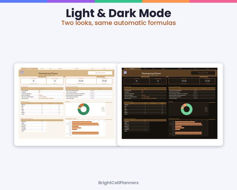 May include: A digital Thanksgiving planner interface displayed in two versions, light mode with a beige background and dark mode with a black background, featuring tables, a donut chart, and bar graphs with the text Light & Dark Mode.