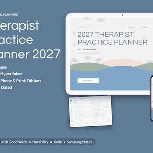 May include: A 2027 digital therapist practice planner displayed on a tablet and smartphone screen. The planner features a blue, pink, and white wavy design with the text 2027 THERAPIST PRACTICE PLANNER. Includes a calendar page view.