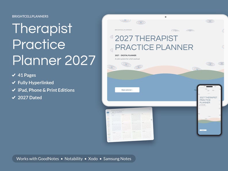 May include: A 2027 digital therapist practice planner displayed on a tablet and smartphone screen. The planner features a blue, pink, and white wavy design with the text 2027 THERAPIST PRACTICE PLANNER. Includes a calendar page view.