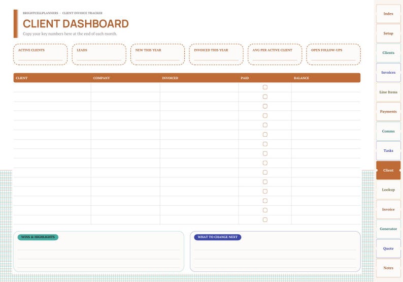 Pode incluir: Uma p&aacute;gina de planejador de painel de cliente digital com um cabe&ccedil;alho marrom intitulado CLIENT DASHBOARD. Inclui se&ccedil;&otilde;es para clientes ativos, leads e faturas, com uma tabela para rastrear dados de clientes, status e destaques.