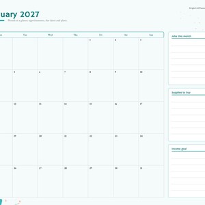 May include: A digital January 2027 monthly calendar planner page with a sidebar navigation menu. The layout includes a grid for dates, sections for jobs, supplies to buy, and income goals, labeled BrightGoldPlanners 2027 Cleaning Business Planner.