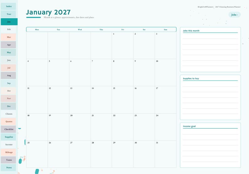 May include: A digital January 2027 monthly calendar planner page with a sidebar navigation menu. The layout includes a grid for dates, sections for jobs, supplies to buy, and income goals, labeled BrightGoldPlanners 2027 Cleaning Business Planner.