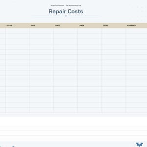 May include: A digital car maintenance log page titled Repair Costs with a light blue background and gear icons. The table includes columns for Date, Repair, Shop, Parts, Labor, Total, and Warranty, with a dedicated Notes section at the bottom.