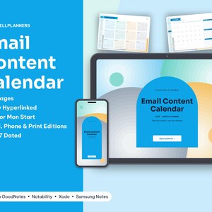 May include: A digital email content calendar planner for 2027 displayed on a tablet and smartphone. The screen shows the text Email Content Calendar, 27 pages, fully hyperlinked, sun or mon start, and iPad, phone, and print editions.