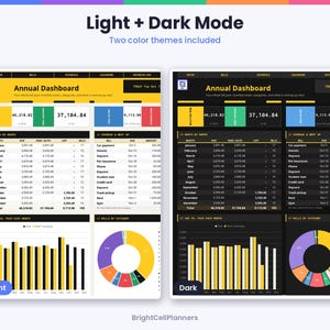 K&ouml;nnte beinhalten: Eine digitale Jahres-Dashboard-Tabellenvorlage mit hellen und dunklen Farbschemata. Das Layout enth&auml;lt Finanztabellen, Balkendiagramme und Ringdiagramme zur Nachverfolgung von Rechnungen, Monatssummen und Kategorien mit Textbeschriftungen wie Annual Dashboard und BrightCellPlanners.