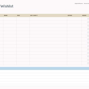 May include: A digital skincare wishlist planner page with a table featuring columns for product, brand, price, why I want it, reviews, and bought. The header reads Skincare Wishlist, and the sidebar lists index, skin profile, routine, products, skin diary, breakouts, wishlist, and notes.
