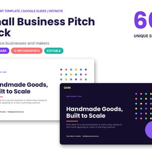 Op de afbeelding: Een digitale presentatiesjabloon getiteld Small Business Pitch Deck met 60 unieke dia's voor PowerPoint, Google Slides en Keynote. Inclusief lichte en donkere thema's, 12 infographics en bewerkbare lay-outs voor zakelijke diensten.