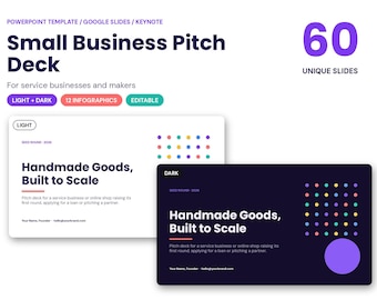 Może przedstawiać: Cyfrowy szablon prezentacji pod tytułem Small Business Pitch Deck zawierający 60 unikalnych slajdów dla programów PowerPoint, Google Slides i Keynote. Zawiera jasne i ciemne motywy, 12 infografik oraz edytowalne układy dla firm.