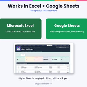 May include: A digital spreadsheet template for Microsoft Excel and Google Sheets featuring a client dashboard interface with data tables, metrics, and navigation tabs. The text reads Works in Excel + Google Sheets, No special skills needed, Microsoft Excel, Excel 2016+ and Microsoft 365, Google Sheets, Free Google account, make a copy, Digital file only. No physical item will be shipped, and BrightCellPlanners.