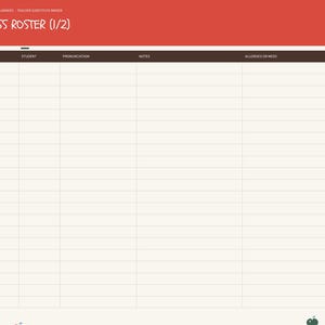 May include: A digital class roster planner page with a red header labeled Class Roster (1/2) and a dark brown table row containing columns for student, pronunciation, notes, allergies or meds, and pickup, set against a cream background.