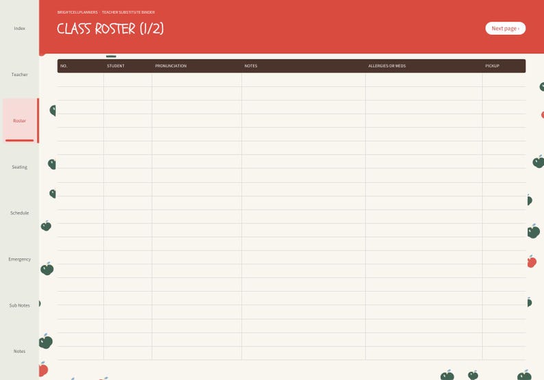 May include: A digital class roster planner page with a red header labeled Class Roster (1/2) and a dark brown table row containing columns for student, pronunciation, notes, allergies or meds, and pickup, set against a cream background.