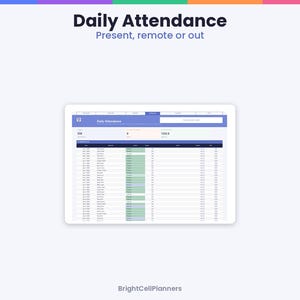 Op de afbeelding: Een digitaal dagelijks aanwezigheidssjabloon met de titel Daily Attendance Present, remote or out. De interface bevat een donkerblauwe koptekst, een witte gegevenstabel met groene statuscellen en de merknaam BrightCellPlanners onderaan.