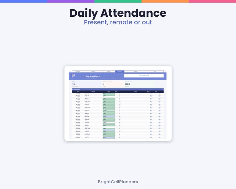 Op de afbeelding: Een digitaal dagelijks aanwezigheidssjabloon met de titel Daily Attendance Present, remote or out. De interface bevat een donkerblauwe koptekst, een witte gegevenstabel met groene statuscellen en de merknaam BrightCellPlanners onderaan.