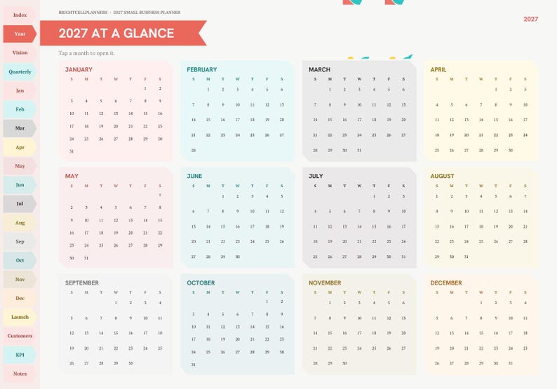 May include: A 2027 digital business planner page titled 2027 AT A GLANCE, featuring a twelve-month calendar grid. The layout includes a left-hand navigation sidebar with tabs for Index, Year, Vision, Quarterly, and monthly sections, all displayed in soft pastel colors.