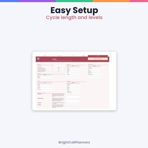 Peut inclure: Une interface de planificateur num&eacute;rique intitul&eacute;e Easy Setup Cycle length and levels, avec un en-t&ecirc;te marron et des champs de saisie organis&eacute;s pour suivre les informations de cycle, sur fond blanc avec le texte BrightCellPlanners.
