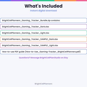 May include: A digital file list titled What's Included containing BrightCellPlanners_Gaming_Tracker_Bundle.zip, BrightCellPlanners_Gaming_Tracker_Dark.xlsx, BrightCellPlanners_Gaming_Tracker_Light.xlsx, and a How-to-use PDF guide.