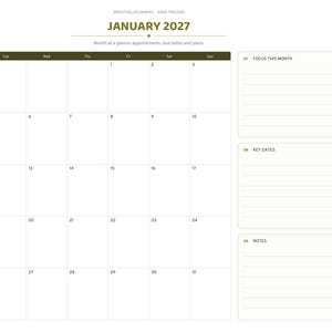 May include: A digital planner page for January 2027 featuring a monthly calendar grid, sections for Focus This Month, Key Dates, and Notes, with a vertical navigation sidebar containing tabs for months and categories.