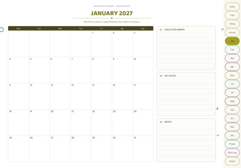 May include: A digital planner page for January 2027 featuring a monthly calendar grid, sections for Focus This Month, Key Dates, and Notes, with a vertical navigation sidebar containing tabs for months and categories.