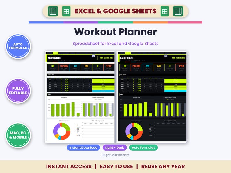 Workout Planner Spreadsheet for Excel & Google Sheets - Fitness Tracker and Gym Log image 1