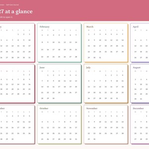 May include: A digital 2027 at a glance calendar planner page with a rose-coloured header and a sidebar containing navigation tabs. The layout features twelve individual monthly calendar grids arranged in a four-by-three grid format.