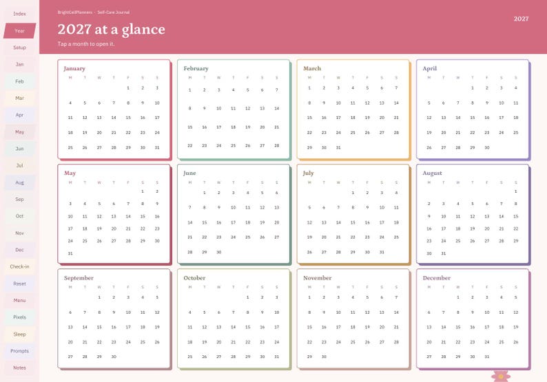 May include: A digital 2027 at a glance calendar planner page with a rose-coloured header and a sidebar containing navigation tabs. The layout features twelve individual monthly calendar grids arranged in a four-by-three grid format.