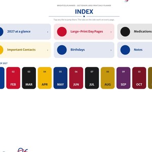 May include: A digital planner index page titled BRIGHTCELLPLANNERS - 2027 SENIOR LARGE-PRINT DAILY PLANNER. It features navigation tabs on the left, a central INDEX header, and colorful rectangular buttons for 2027 at a glance, Large-Print Day Pages, Medications, Important Contacts, Birthdays, and Notes. A row of twelve monthly buttons from JAN to DEC is displayed below.