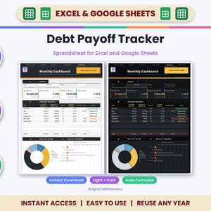 May include: A digital debt payoff tracker spreadsheet for Excel and Google Sheets featuring light and dark mode monthly dashboards with auto formulas, debt summary tables, pie charts, and bar graphs to monitor financial progress and balances.
