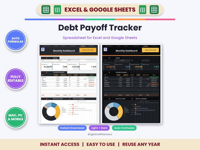 May include: A digital debt payoff tracker spreadsheet for Excel and Google Sheets featuring light and dark mode monthly dashboards with auto formulas, debt summary tables, pie charts, and bar graphs to monitor financial progress and balances.