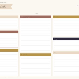 May include: A digital speech outline planner page with a cream background, featuring labeled sections for Opening line, Tribute to the couple, The toast, Who I am to the couple, Timing, Story, Advice or wish, and Notes, with a navigation tab on the right.