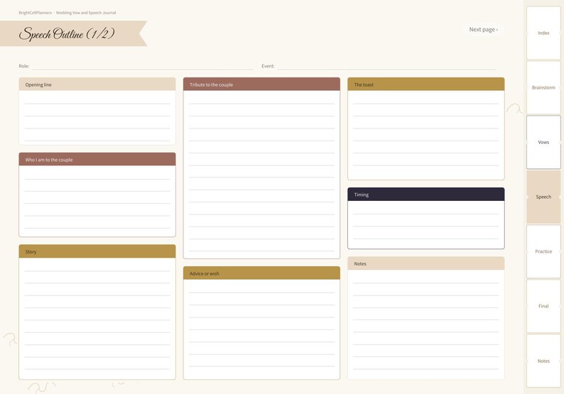 May include: A digital speech outline planner page with a cream background, featuring labeled sections for Opening line, Tribute to the couple, The toast, Who I am to the couple, Timing, Story, Advice or wish, and Notes, with a navigation tab on the right.