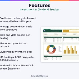 Puede incluir: Una plantilla de hoja de c&aacute;lculo digital para el seguimiento de inversiones y dividendos que muestra un panel de cartera con gr&aacute;ficos y tablas de datos. El texto enumera caracter&iacute;sticas que incluyen m&eacute;tricas de panel, costo base, rendimiento, asignaci&oacute;n sectorial e integraci&oacute;n con GoogleFinance.