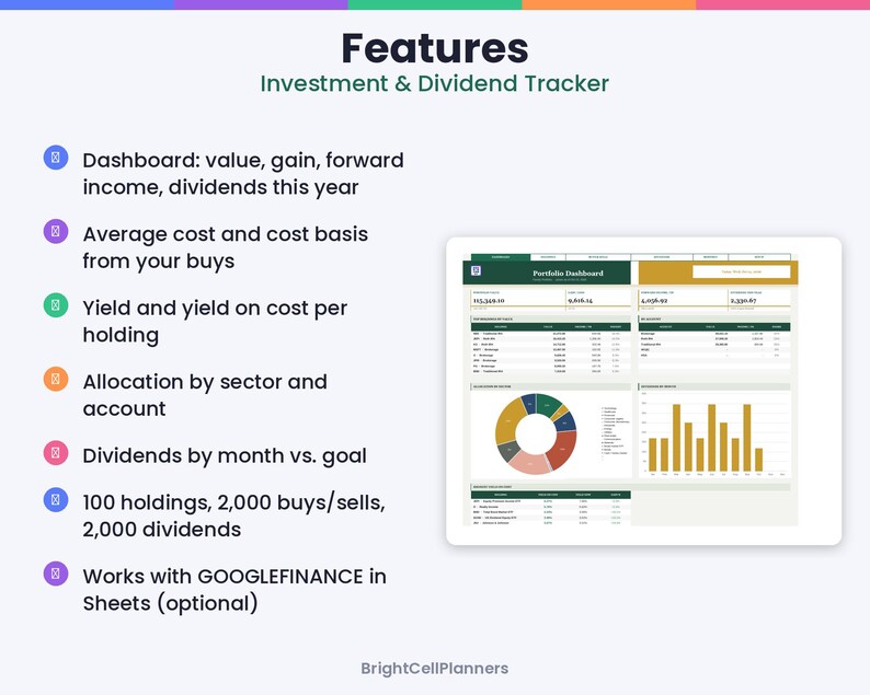 Puede incluir: Una plantilla de hoja de c&aacute;lculo digital para el seguimiento de inversiones y dividendos que muestra un panel de cartera con gr&aacute;ficos y tablas de datos. El texto enumera caracter&iacute;sticas que incluyen m&eacute;tricas de panel, costo base, rendimiento, asignaci&oacute;n sectorial e integraci&oacute;n con GoogleFinance.