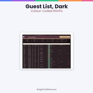 May include: A digital guest list and RSVP tracker displayed on a tablet screen with a dark theme. The interface features a header titled Guest List & RSVPs, summary boxes with numerical data, and a detailed table with color-coded status columns.