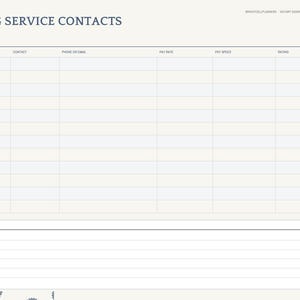 May include: A digital planner page titled Signing Service Contacts with a table featuring columns for company, contact, phone or email, pay rate, pay speed, and rating. Below the table is a section for notes. The right side has navigation tabs.