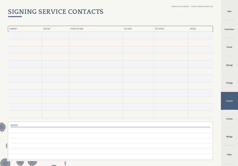May include: A digital planner page titled Signing Service Contacts with a table featuring columns for company, contact, phone or email, pay rate, pay speed, and rating. Below the table is a section for notes. The right side has navigation tabs.