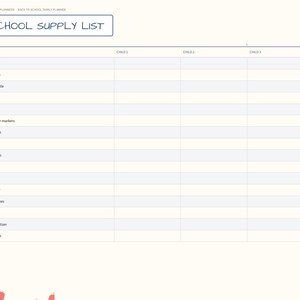 May include: A digital school supply list planner page with a sidebar menu featuring tabs for index, school info, supplies, countdown, weekly, lunches, carpool, homework, forms, and notes. The main table includes columns for items, child 1, child 2, child 3, and bought.