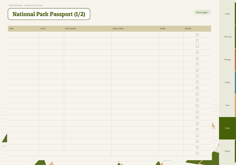 May include: A digital National Park Passport planner page with a table featuring columns for Park, State, Date Visited, Trails Hiked, Stamp, and Visited. The header reads National Park Passport (1/2) with side tabs for Index, Trail Log, Mileage, Peaks, Gear, Parks, and Notes.