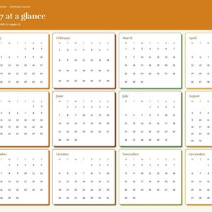 May include: A digital 2027 calendar planner interface with a mustard orange header titled 2027 at a glance. It features twelve monthly calendar grids arranged in a four-by-three layout, with a vertical navigation sidebar on the left side.