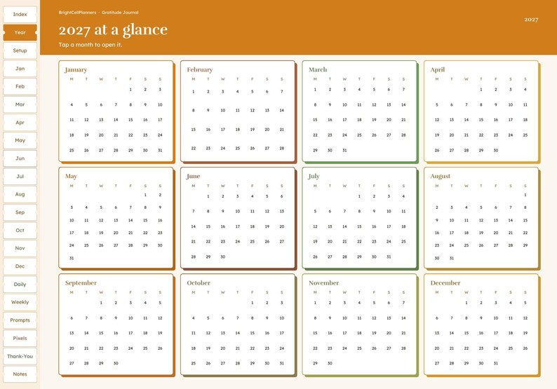 May include: A digital 2027 calendar planner interface with a mustard orange header titled 2027 at a glance. It features twelve monthly calendar grids arranged in a four-by-three layout, with a vertical navigation sidebar on the left side.