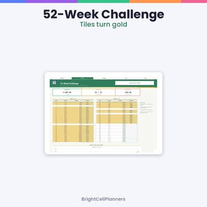 May include: A digital 52-Week Challenge savings tracker displayed on a tablet screen. The interface features a green header, a progress summary, and a two-column table with gold-colored rows indicating completed savings goals.