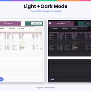 K&ouml;nnte beinhalten: Eine digitale Finanztabellen-Vorlage mit dem Titel Light + Dark Mode, die zwei Farbthemen enth&auml;lt. Das Layout zeigt ein Assets & Debts-Dashboard mit numerischen Daten, Tabellen und Kategorien. Der untere Text lautet BrightCellPlanners.